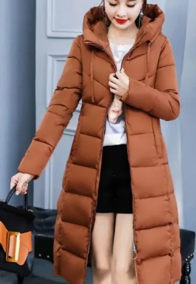 Womens Classic Puffer Hooded Long Coat in Brown