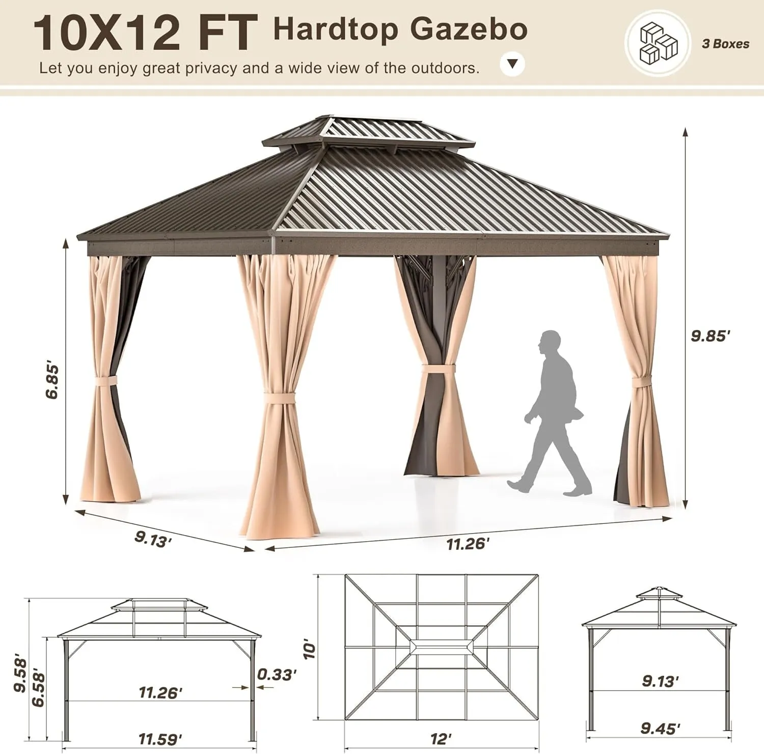 10X12 FT Hardtop Gazebo with Aluminum Frame, Galvanized Steel Double Roof Gazebo with Nettings and Curtains, Permanent Outdoor Metal Pavilion for Patio, Deck, Lawn and Garden