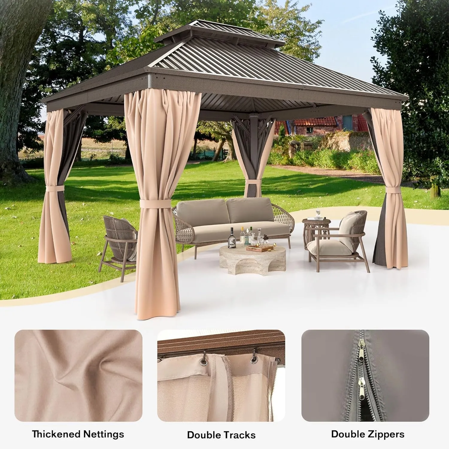 10X12 FT Hardtop Gazebo with Aluminum Frame, Galvanized Steel Double Roof Gazebo with Nettings and Curtains, Permanent Outdoor Metal Pavilion for Patio, Deck, Lawn and Garden