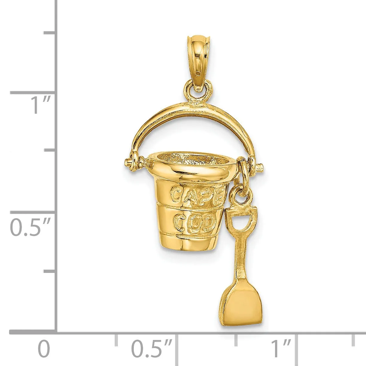 14K Yellow Gold Polished Finish 3-Dimensional CAPE COD Bucket with Shovel Moveable Charm Pendant