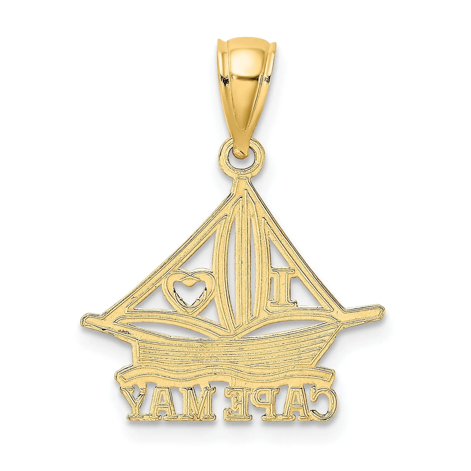 14K Yellow Gold Polished Finish I HEART CAPE MAY with Cut-Out Boat Design Charm Pendant