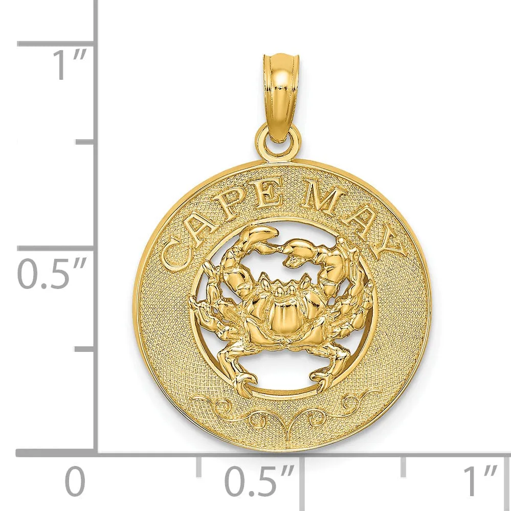 14K Yellow Gold Polished Textured Finish CAPE MAY with Grab in Circle Design Charm Pendant