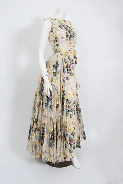 1950's Hand-Painted Floral Ivory Silk Appliqué Skirted Hourglass Backless Gown