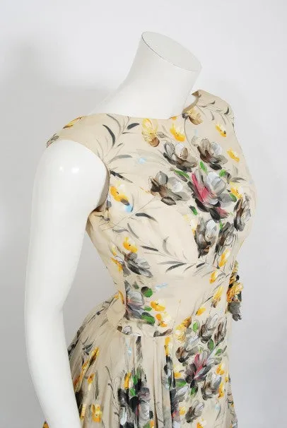 1950's Hand-Painted Floral Ivory Silk Appliqué Skirted Hourglass Backless Gown