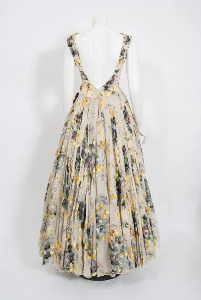 1950's Hand-Painted Floral Ivory Silk Appliqué Skirted Hourglass Backless Gown