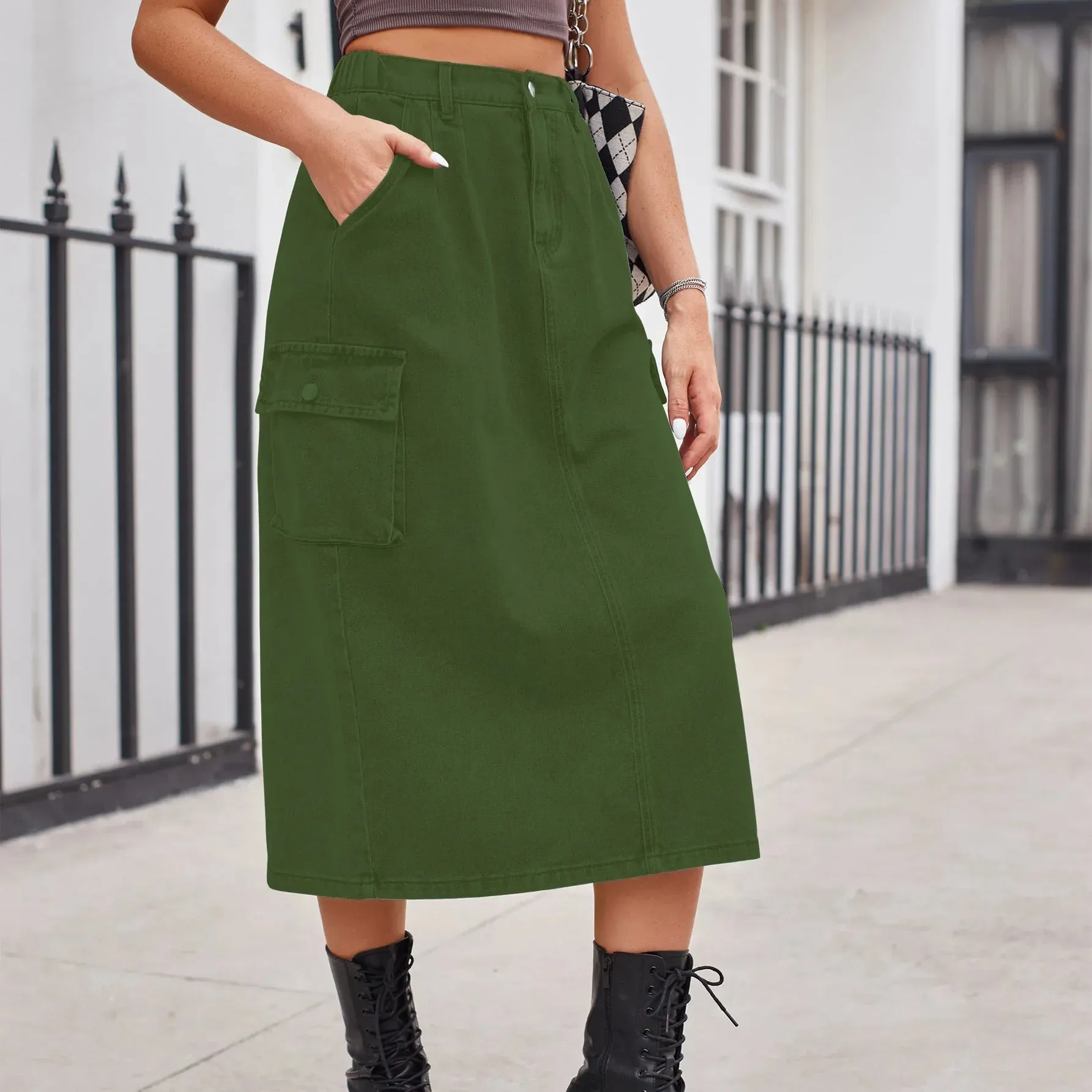 2024 Elegant Long Denim High Waist Button Pockets Split Retro Maxi Skirt