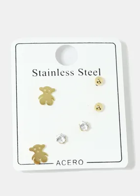 3-Pair Bear & Rhinestone Stud Earrings