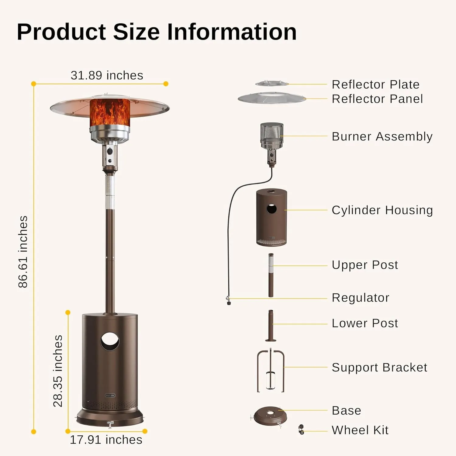 48,000 BTU Patio Heater for Outdoor Use with round Table Design, Double-Layer Stainless Steel Burner and Wheels, Outdoor Patio Heater for Home and Commercial, Bronze, 31.9" X 31.9" X 86.6"