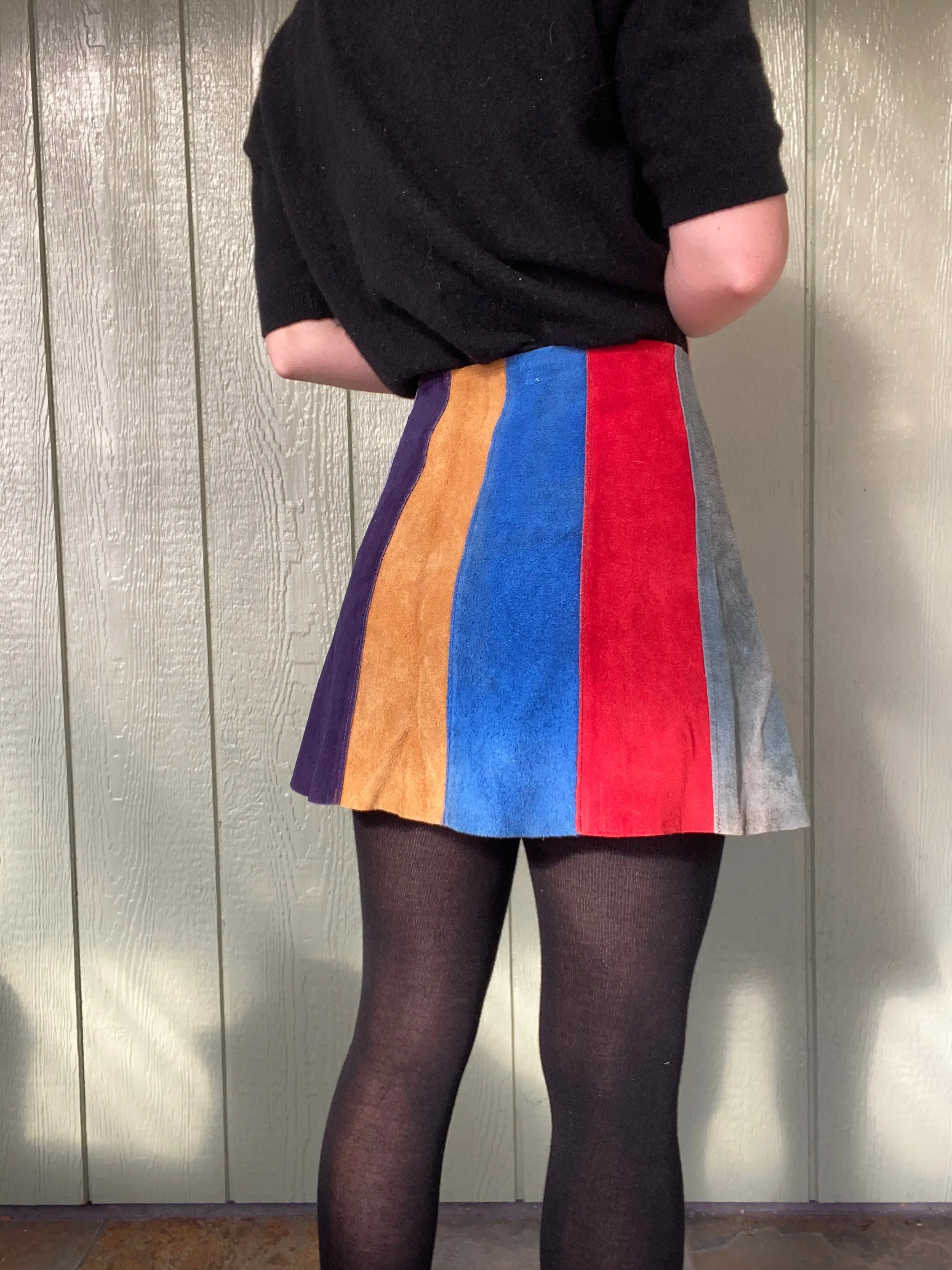 60s 70s colorblock panel suede mini skirt 29” waist