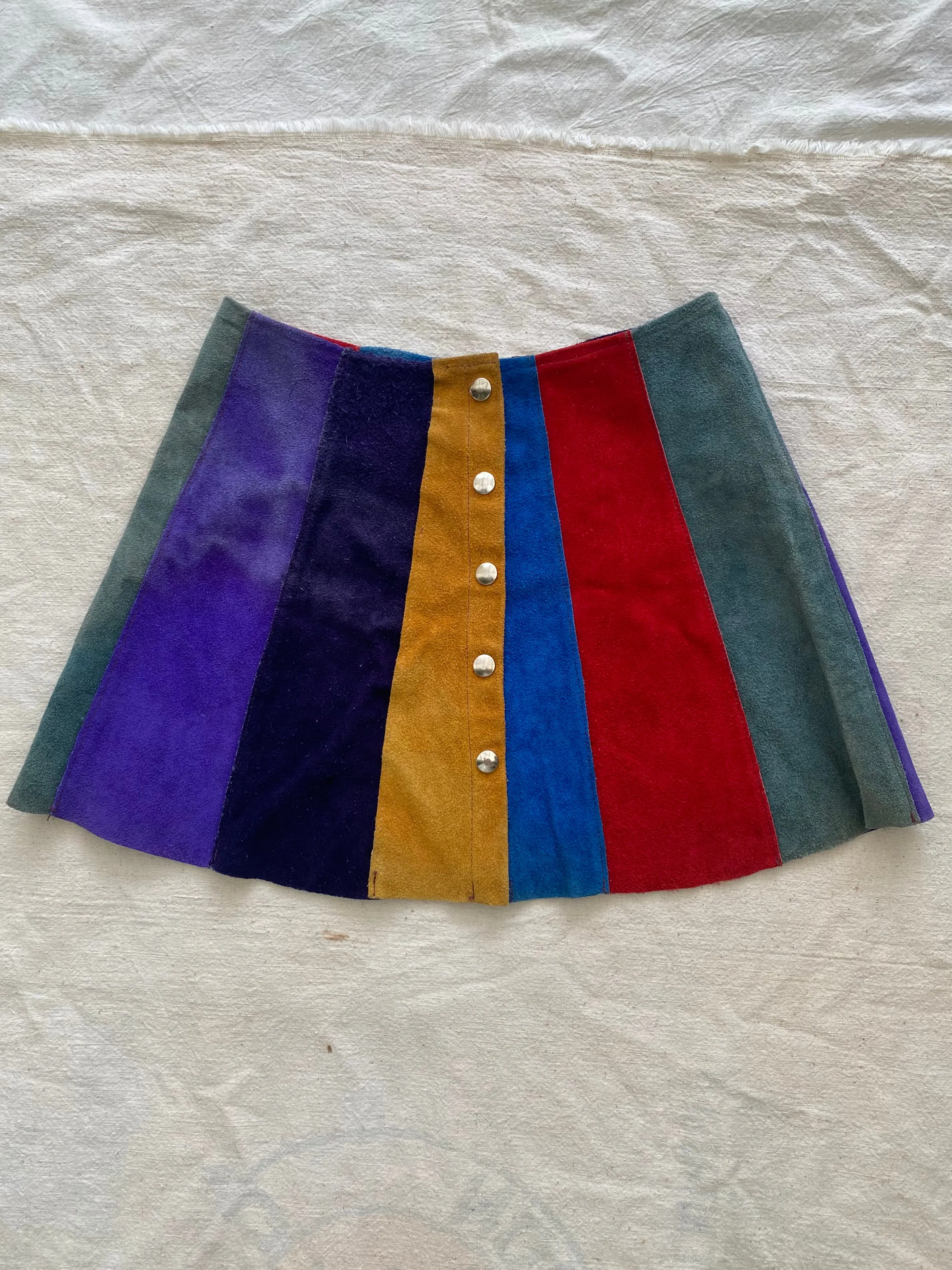 60s 70s colorblock panel suede mini skirt 29” waist