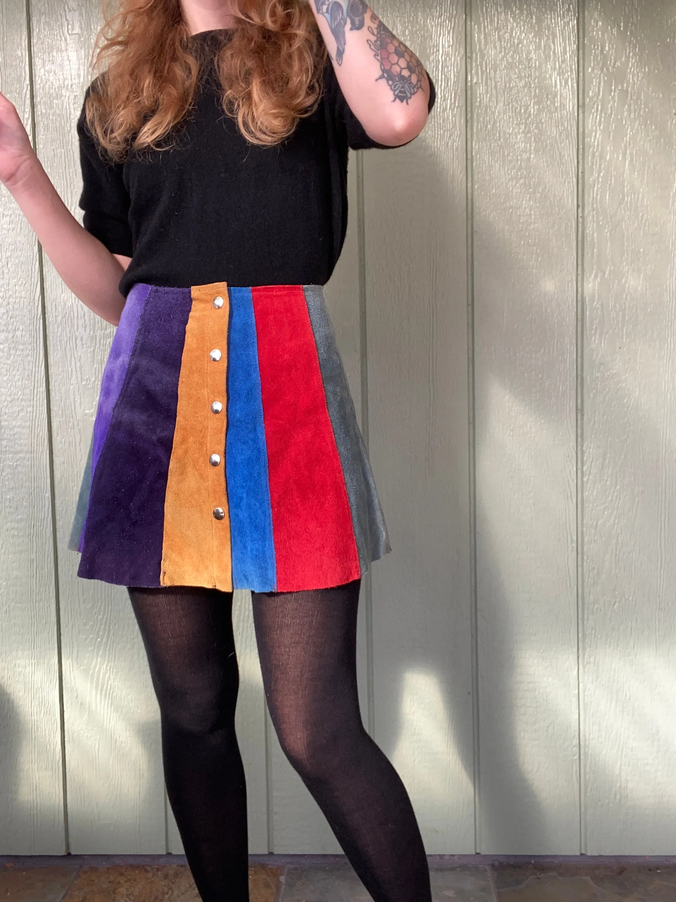 60s 70s colorblock panel suede mini skirt 29” waist