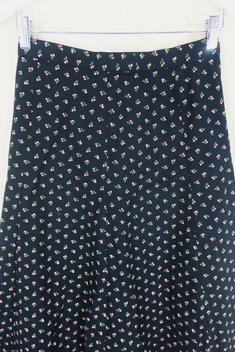 70's Vintage Skirt - Midnight Black with Sweet Berries - XS