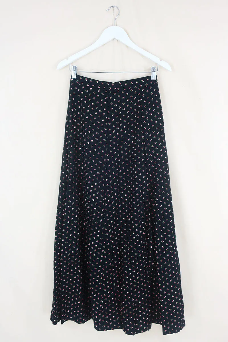 70's Vintage Skirt - Midnight Black with Sweet Berries - XS