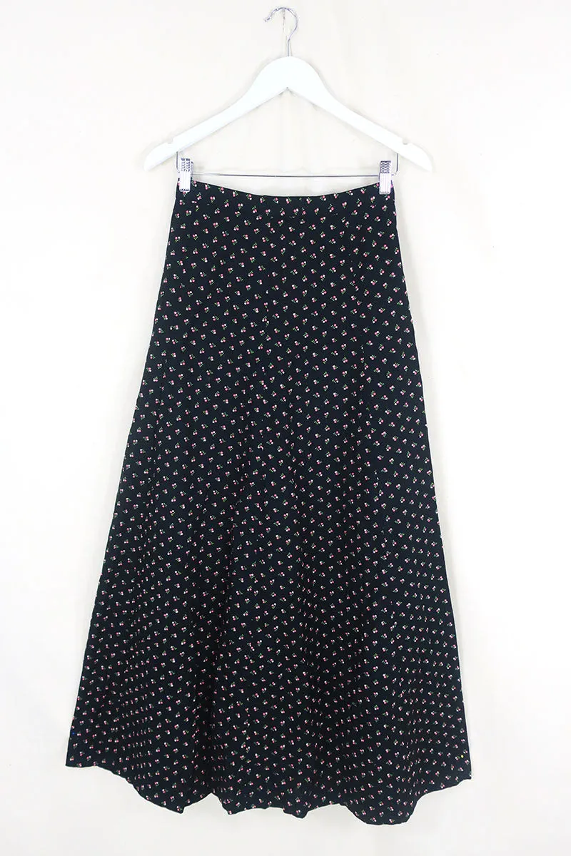 70's Vintage Skirt - Midnight Black with Sweet Berries - XS