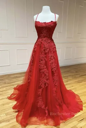 A Line Backless Red Lace Long Prom Dress, Long Red Lace Formal Dress, Red Evening Dress