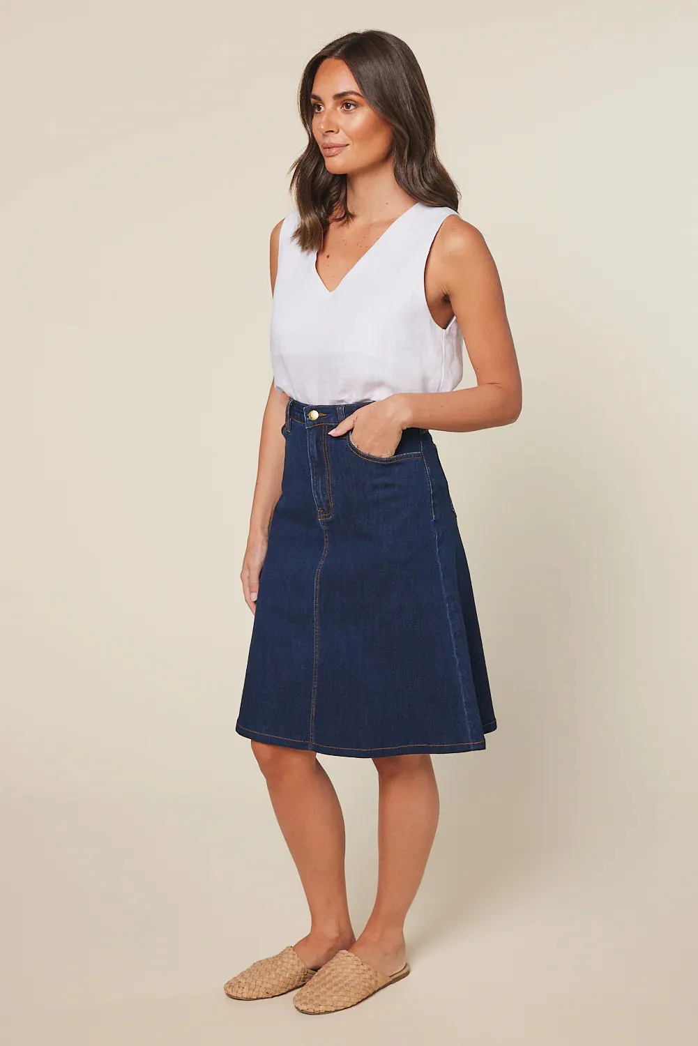 A-Line Short Denim Skirt in Mid Wash