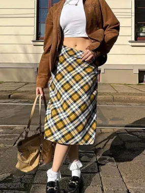 Advbridge -  High Waist Plaid Skirt Women Autumn Fashion Loose Long Skirt Women's Street Casual Side Slits Retro Maxi Skirt Femme