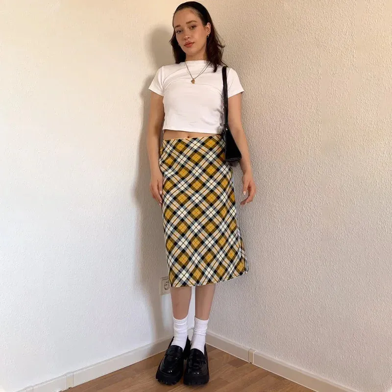 Advbridge -  High Waist Plaid Skirt Women Autumn Fashion Loose Long Skirt Women's Street Casual Side Slits Retro Maxi Skirt Femme