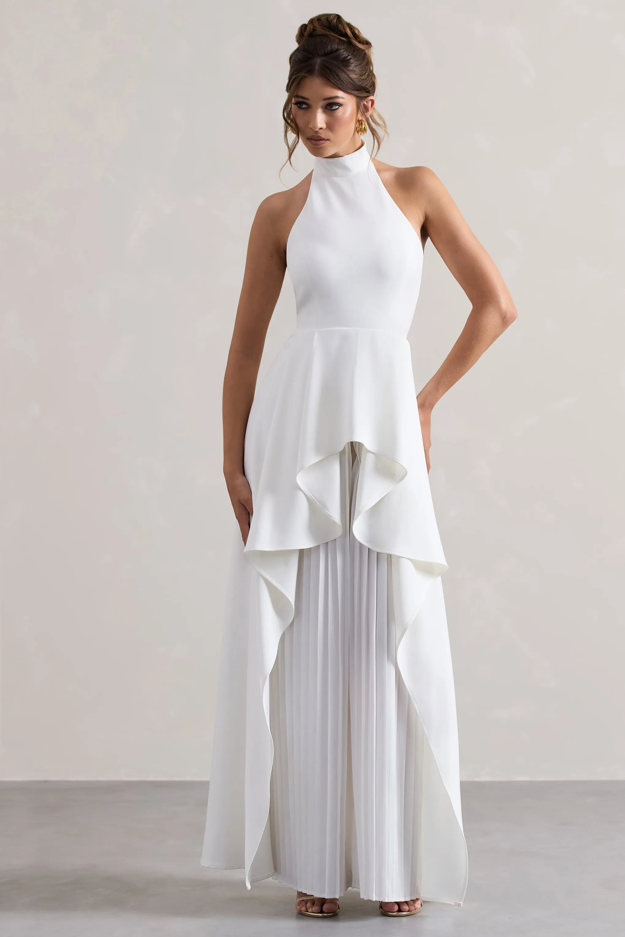 Ashwood | White Plisse High-Neck Cape Jumpsuit