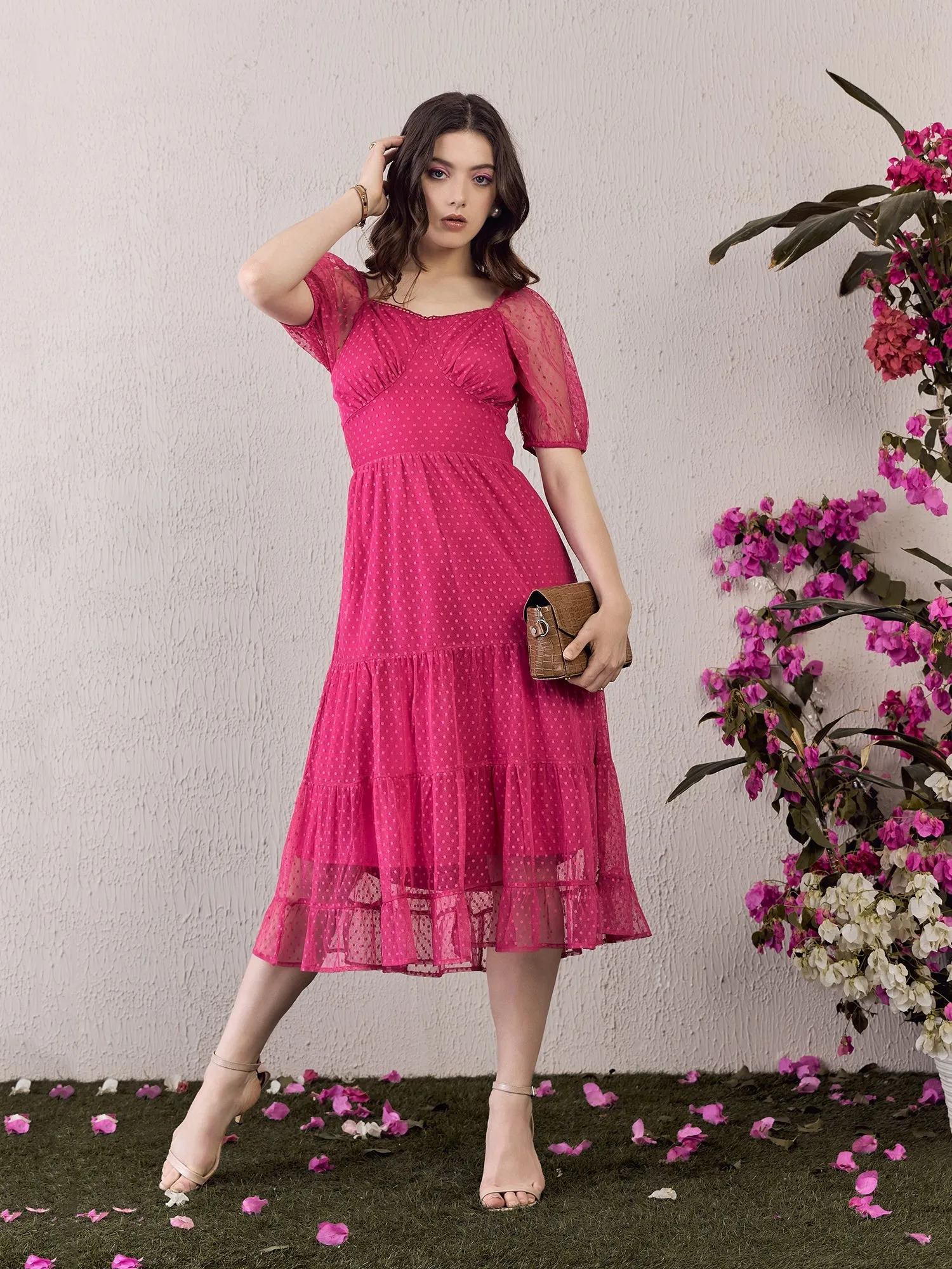 Berrylush Women Solid Pink Dobby Weave Sweetheart Neck Backless Tie-Up Flounce Hem Pleated A-Line Midi Dress