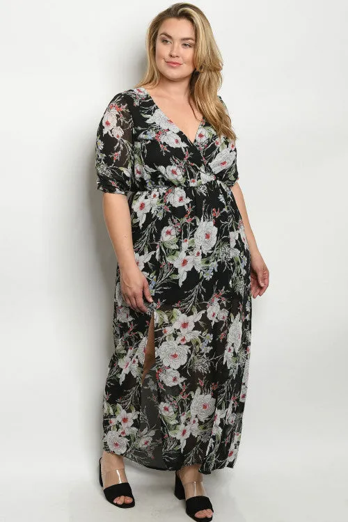 Black Floral Chiffon Plus Size Maxi Dress