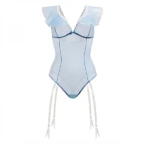 Blue Daiquir Mesh Ruffled Teddy With Garter Powder Blue M/l