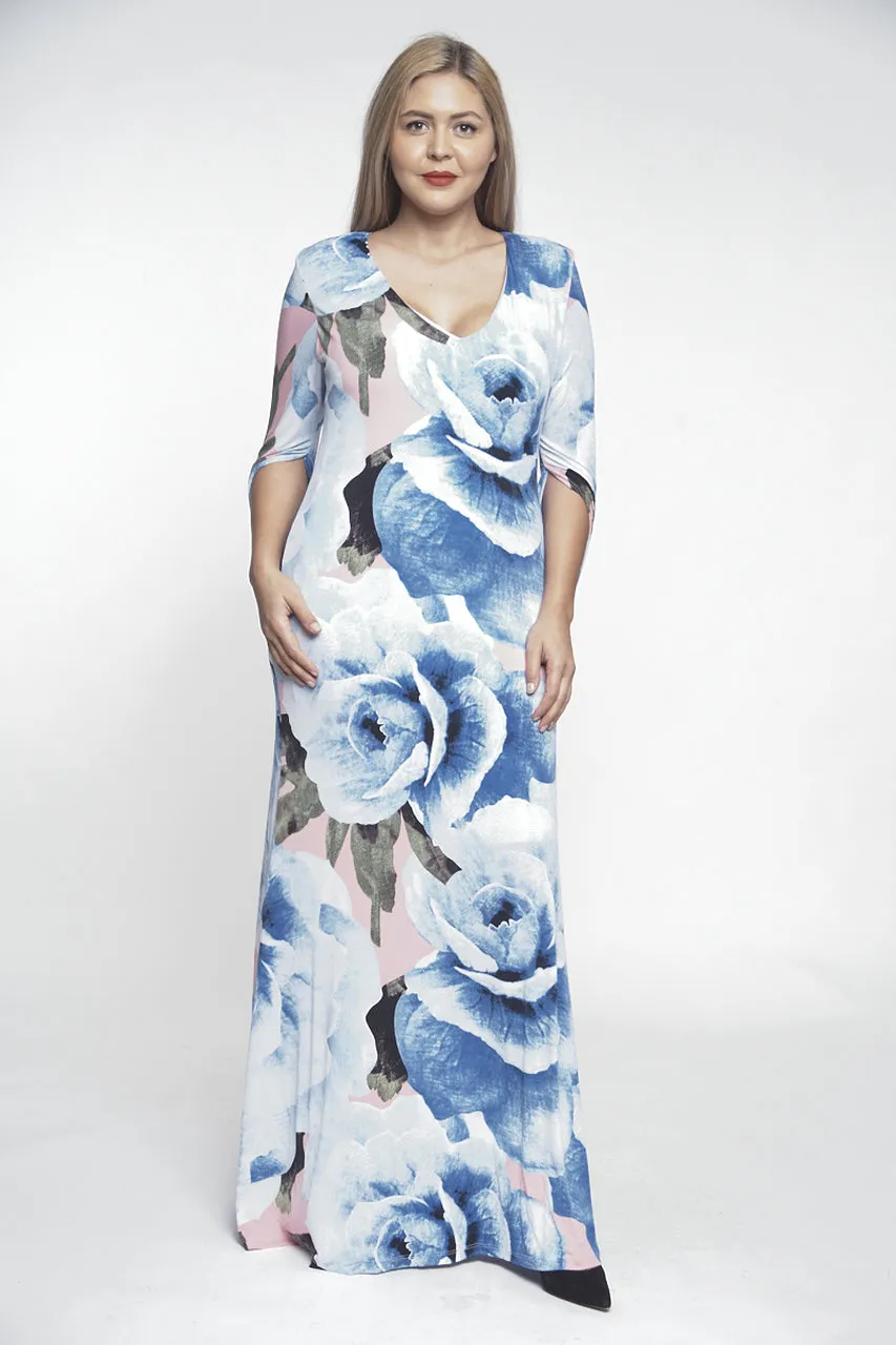 Blue Floral Maxi Dress Gown