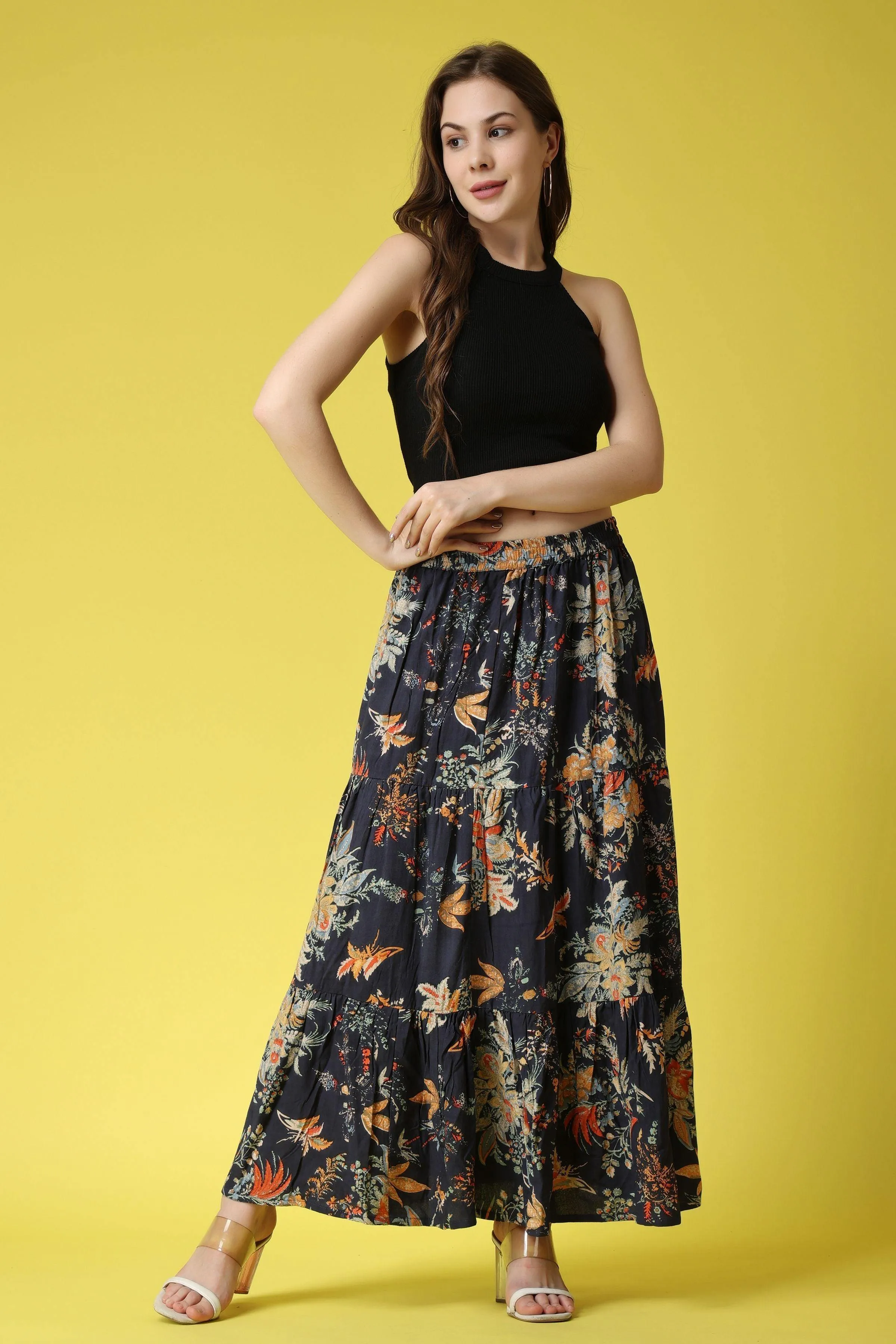 Blue Floral Printed Long Skirt