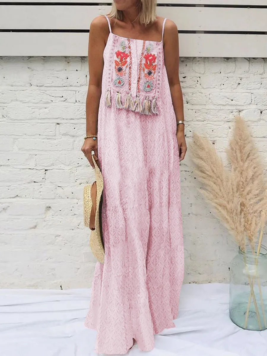 Bohemian elegant tassel Slip Maxi Dress for Vacation