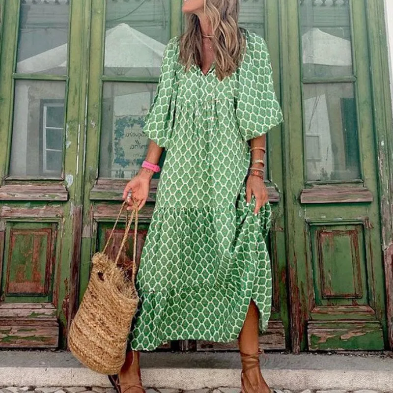 Boho Puff Sleeve Maxi Loose Dress