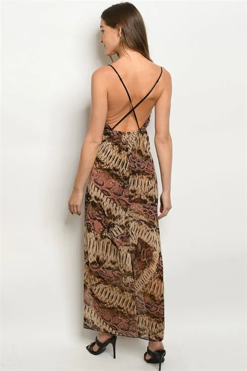 Brown and Pink Snakeskin Animal Print Maxi Dress