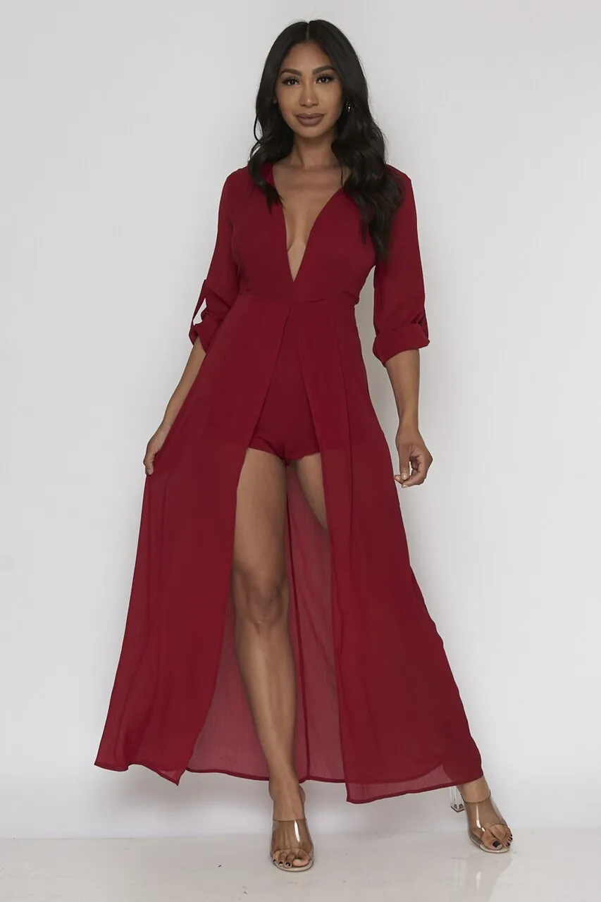 Burgundy Red Long Sleeve Romper Maxi Dress