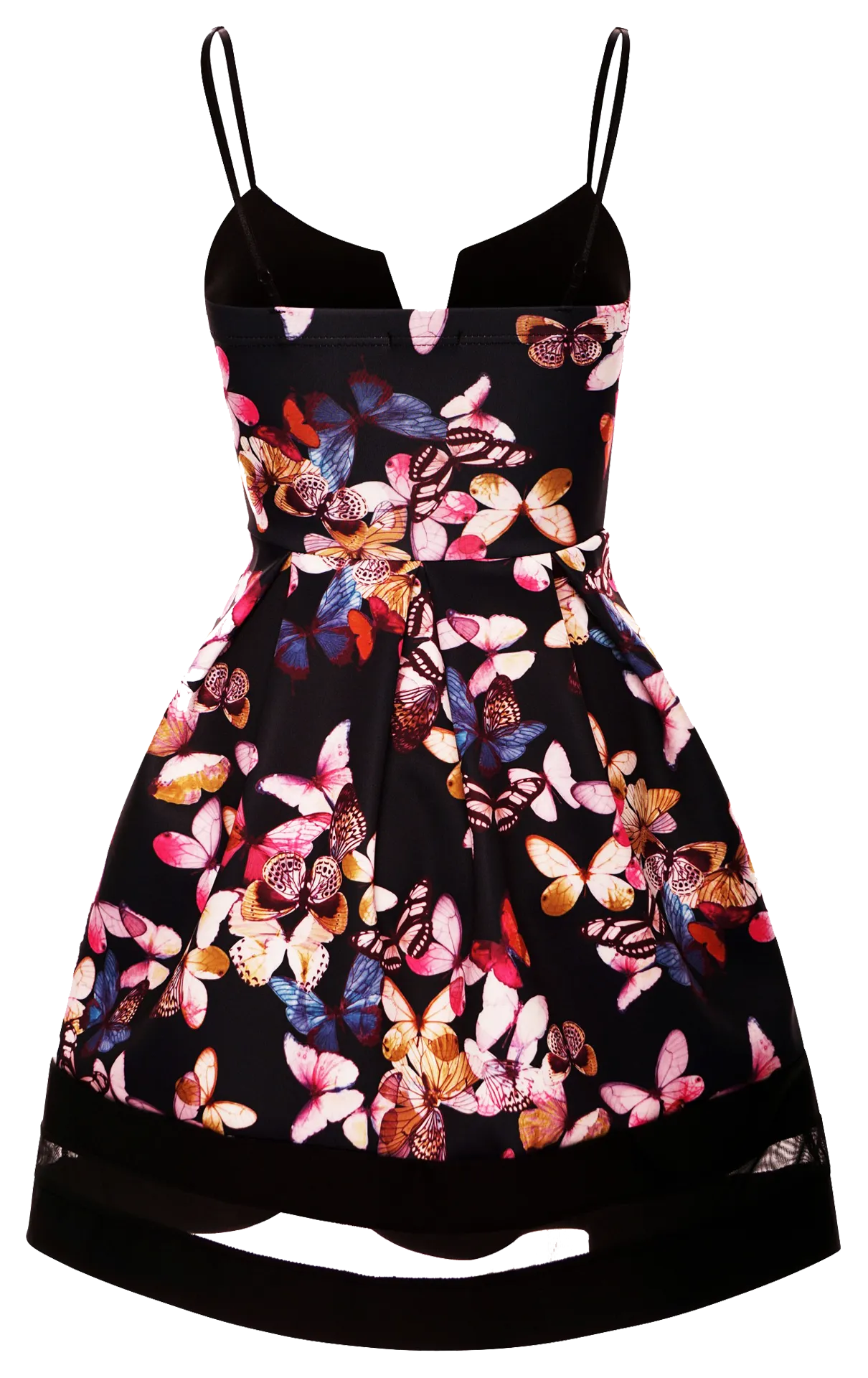 Butterfly Print Black Mesh Insert Contrast Skater Dress with Strap