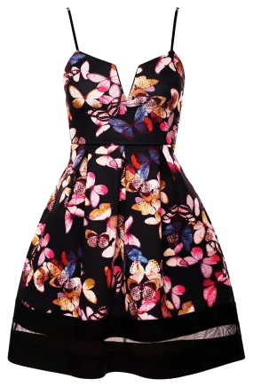 Butterfly Print Black Mesh Insert Contrast Skater Dress with Strap