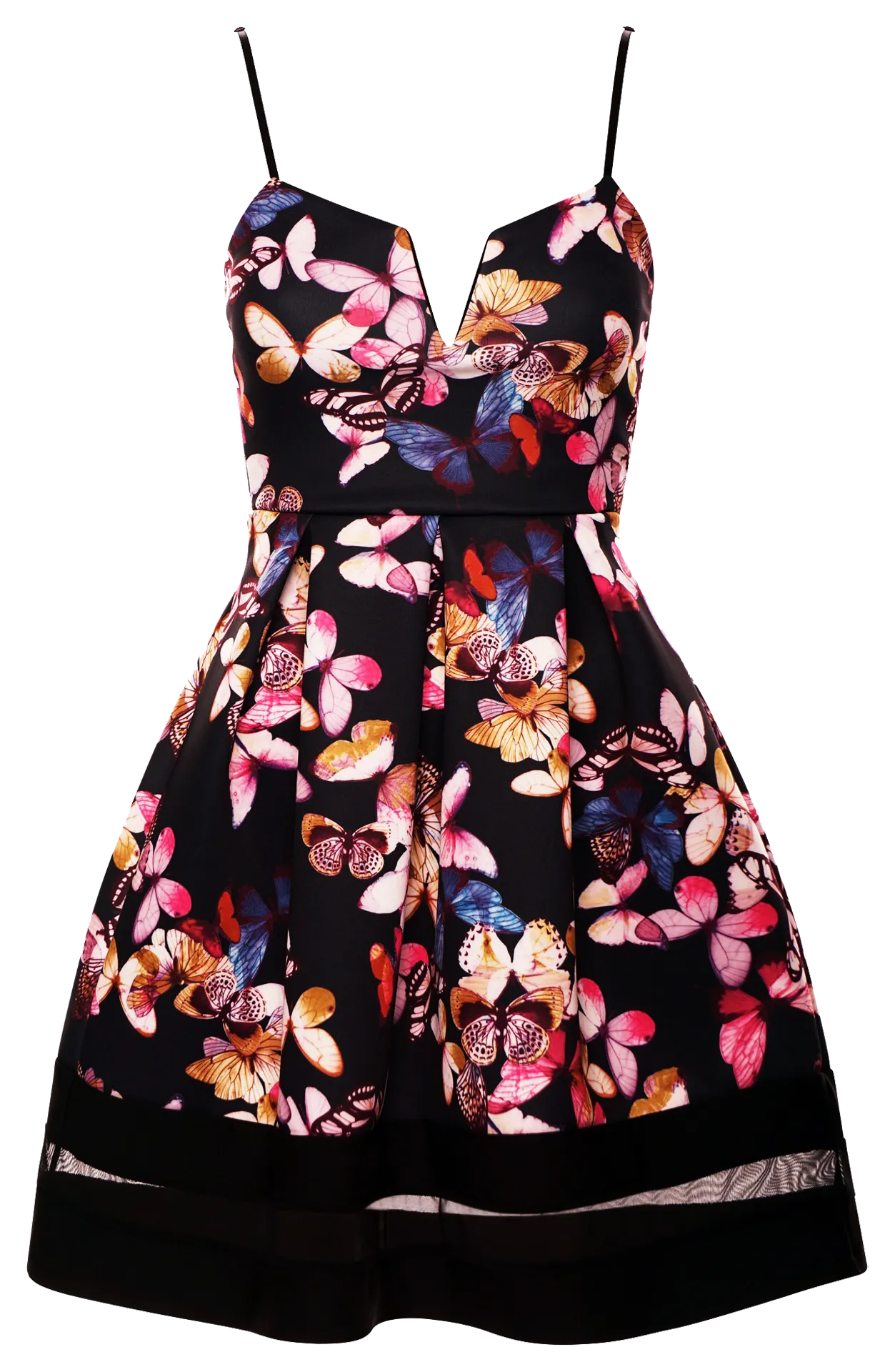 Butterfly Print Black Mesh Insert Contrast Skater Dress with Strap