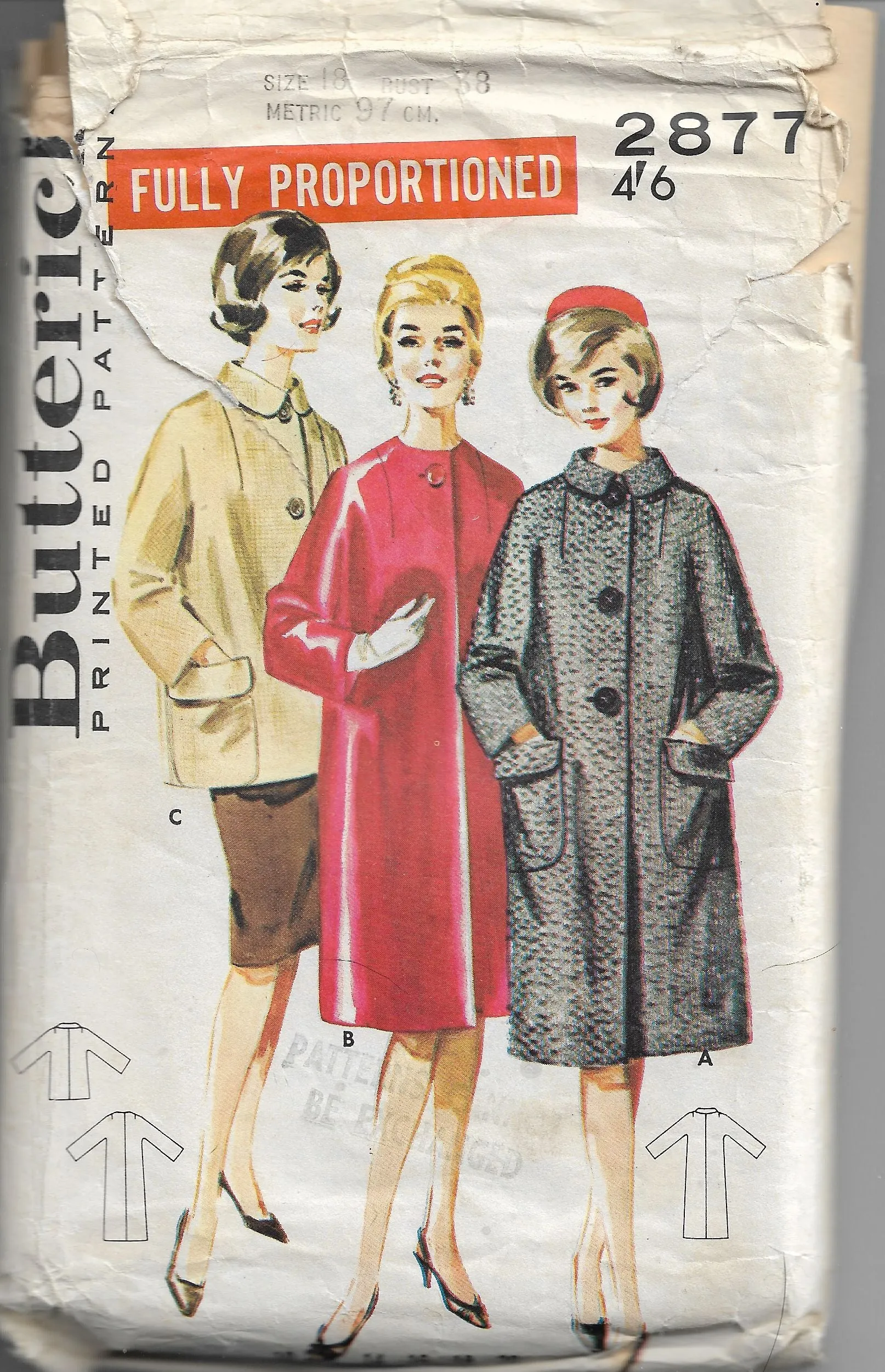 Butterick 2877 Vintage Sewing Pattern 1960s Ladies Dressy Coat