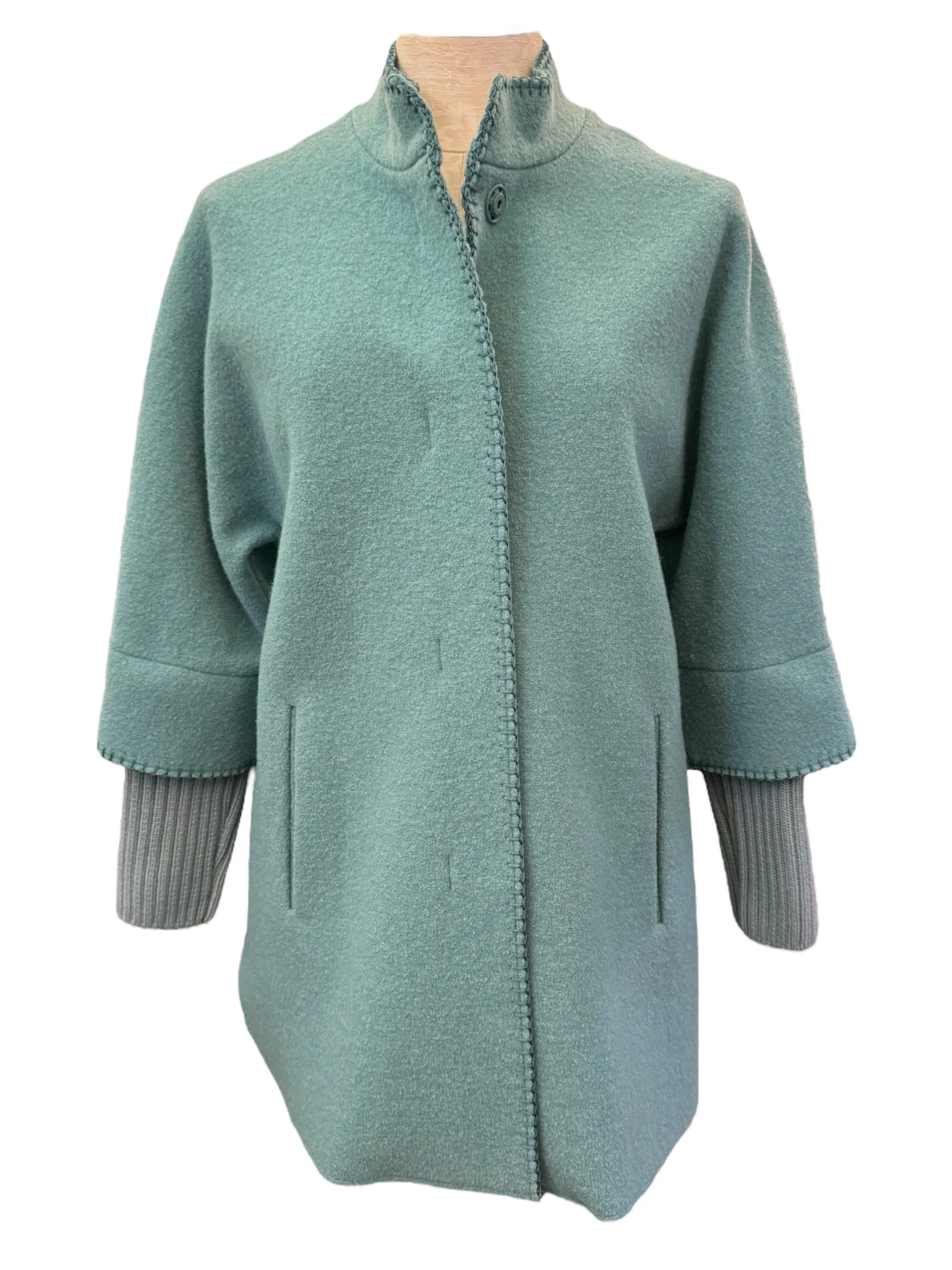 Cinzia Rocca Felted Wool Coat w/Stitch Detail - Soft Turquoise