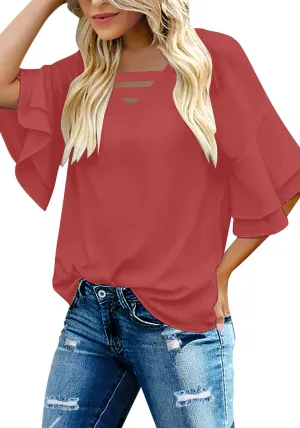 Coral Pink Trumpet Sleeves Strappy V-Neckline Loose Top