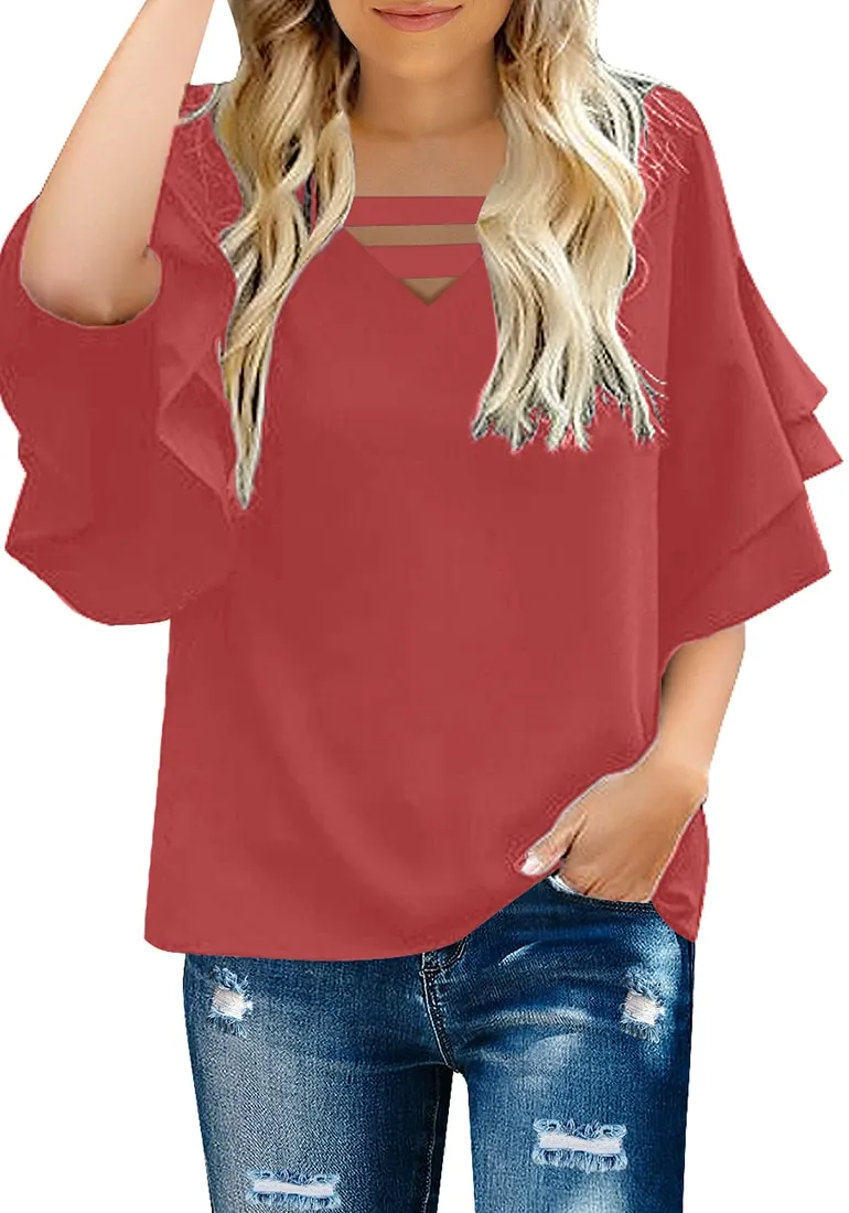 Coral Pink Trumpet Sleeves Strappy V-Neckline Loose Top