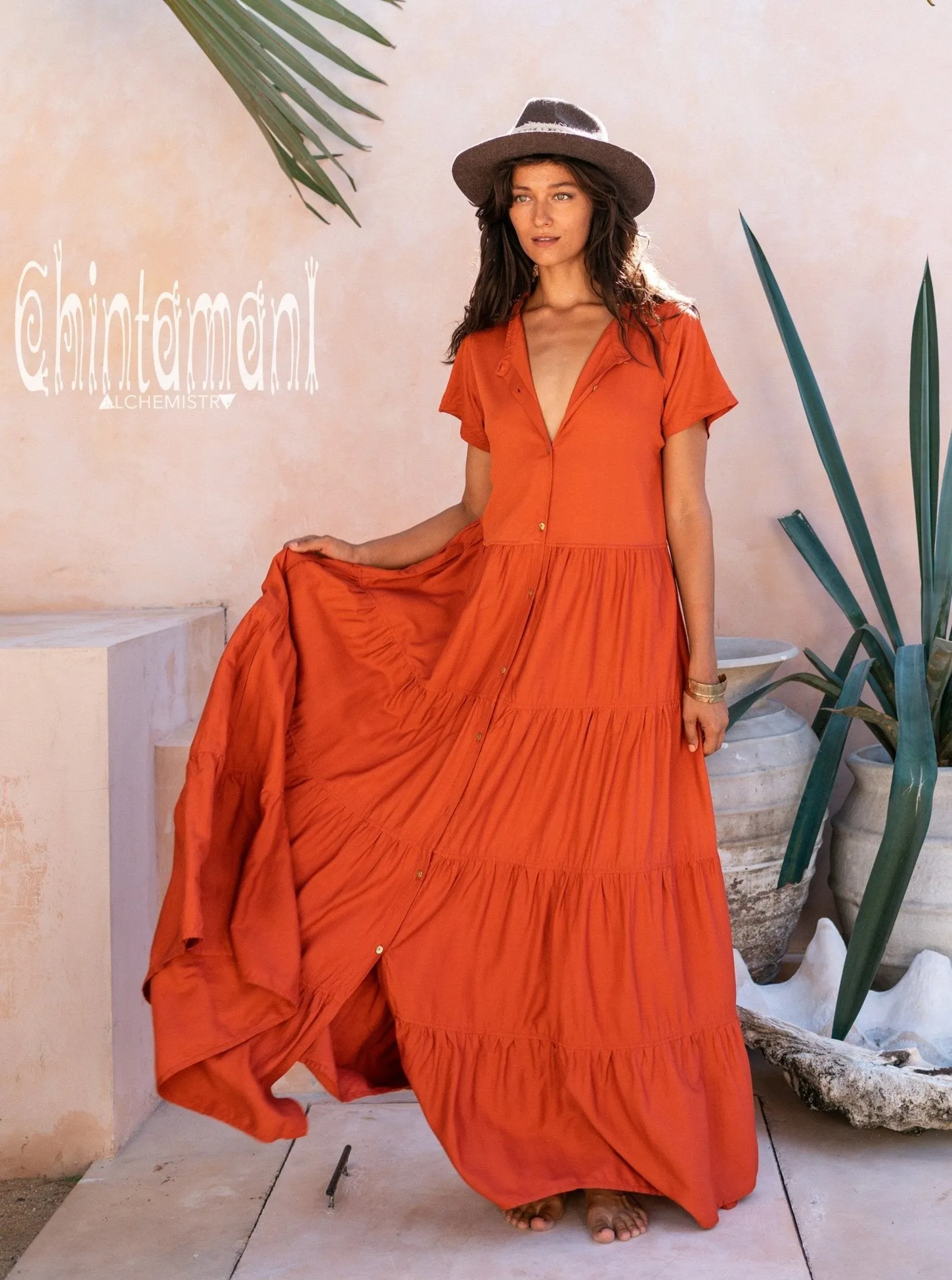 Cotton Maxi Shirt Dress / Red Ochre