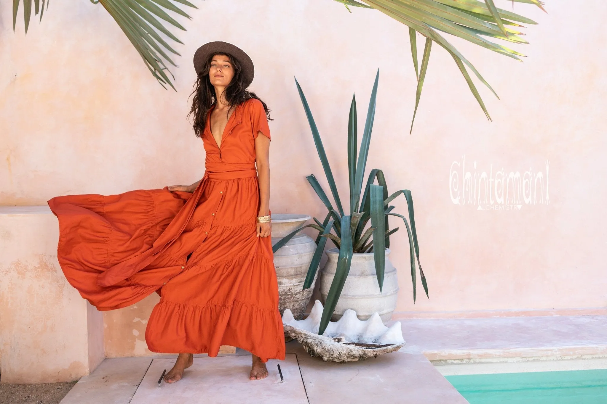 Cotton Maxi Shirt Dress / Red Ochre