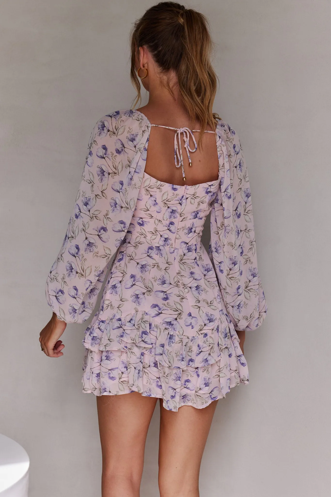 Dearly Beloved Balloon Sleeve Layered Frill Hem Dress Flower Print Blush