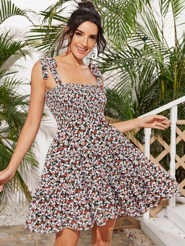 Ditsy Floral Shirred Tie Shoulder Slip Dress