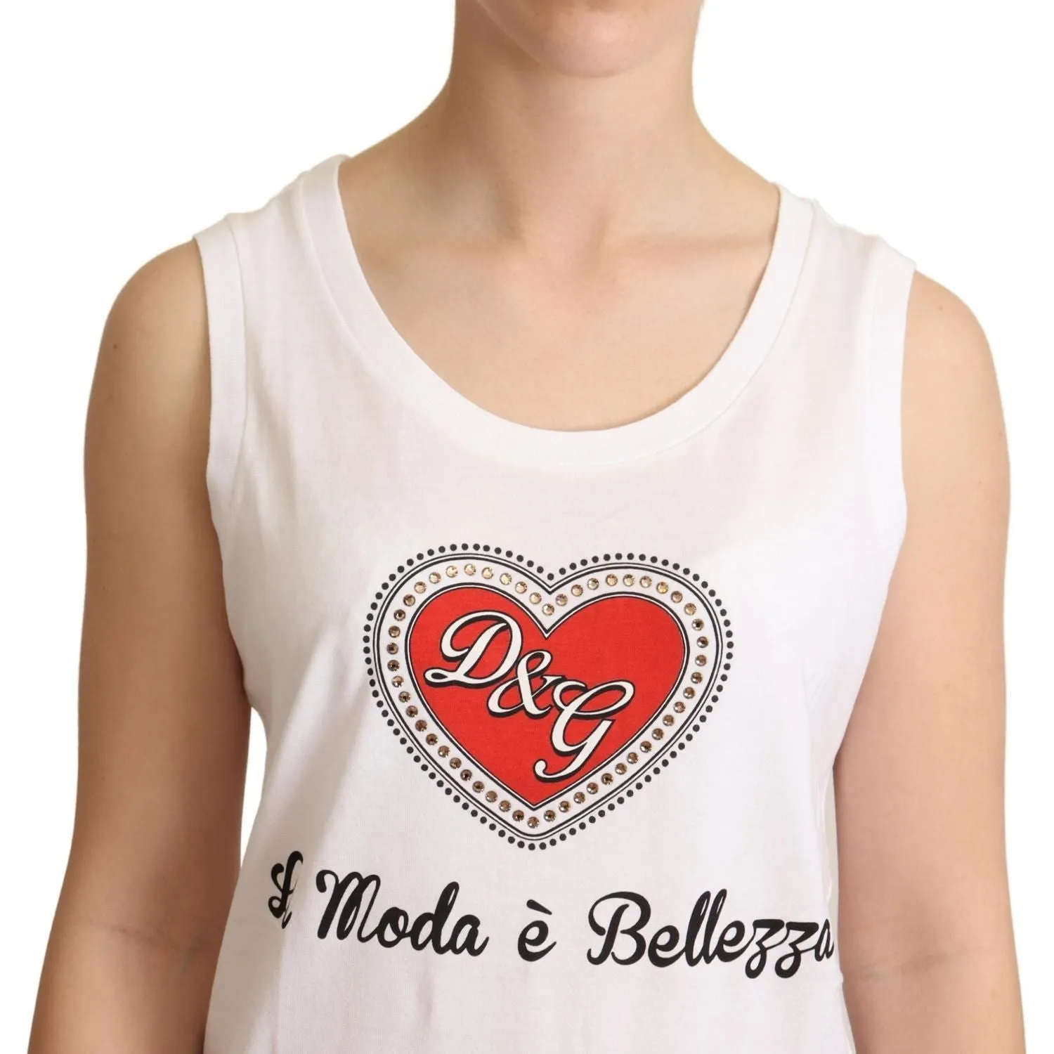 Dolce & Gabbana Crystal Embellished Heart White Sleeveless Tee