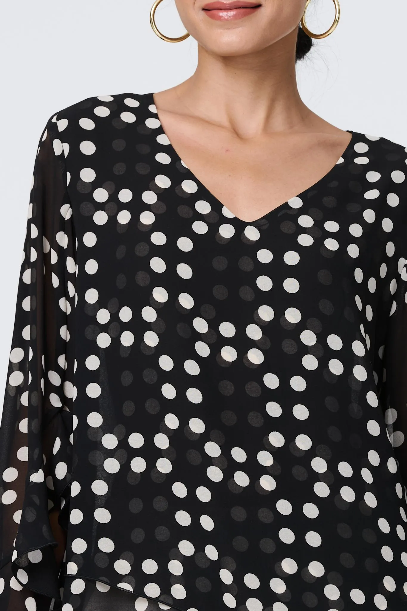 Dot Print Semi Sheer Flare Sleeve Blouse