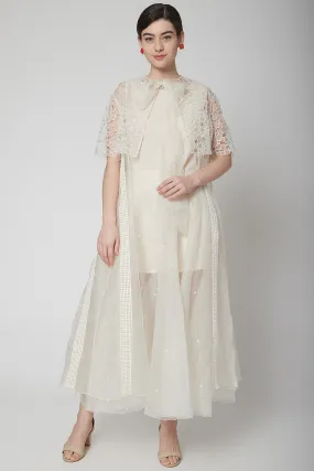 Embroidered White Cape With Skirt