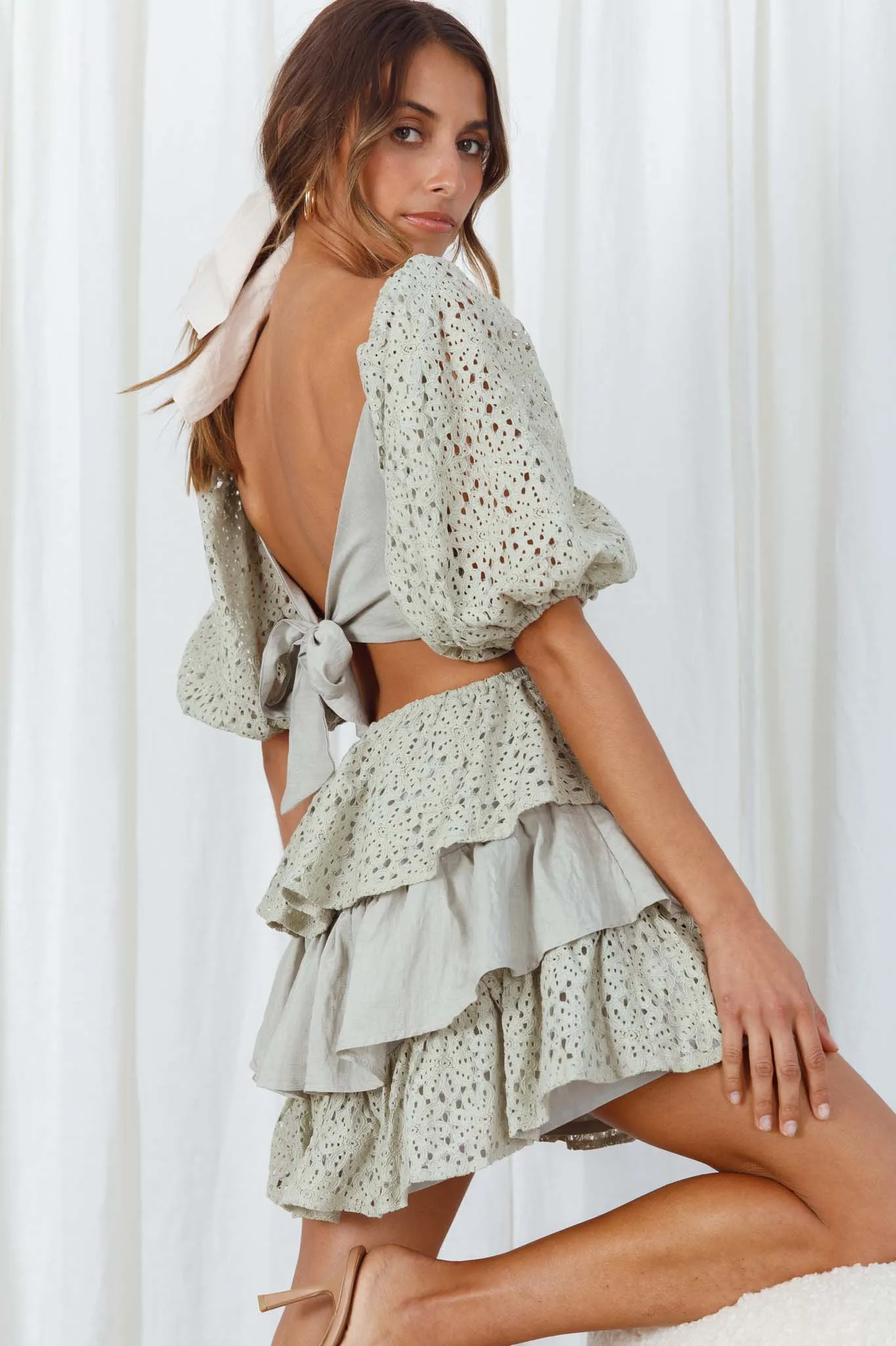 Emery Floral Lace Accent Layered Ruffle Tie Back Dress Avocado