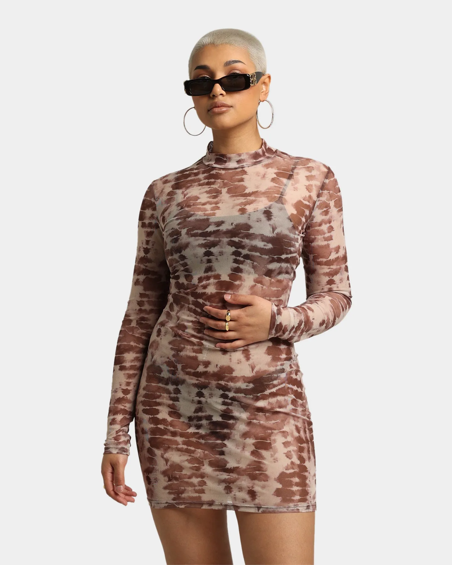 EN ES Women's Destiny Long Sleeve Dress Brown Tie Dye