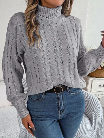 Explore More Collection - Cable-Knit Turtleneck Dropped Shoulder Sweater