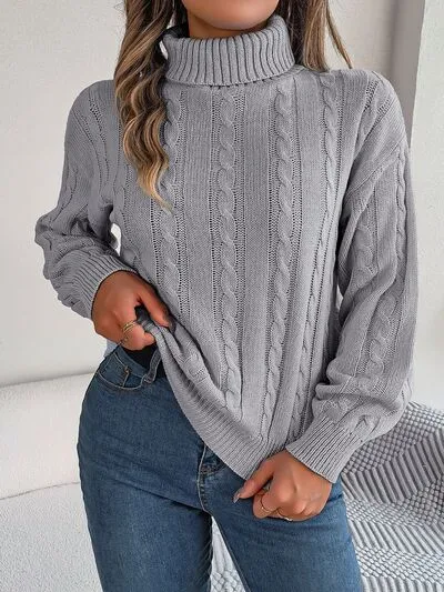 Explore More Collection - Cable-Knit Turtleneck Dropped Shoulder Sweater